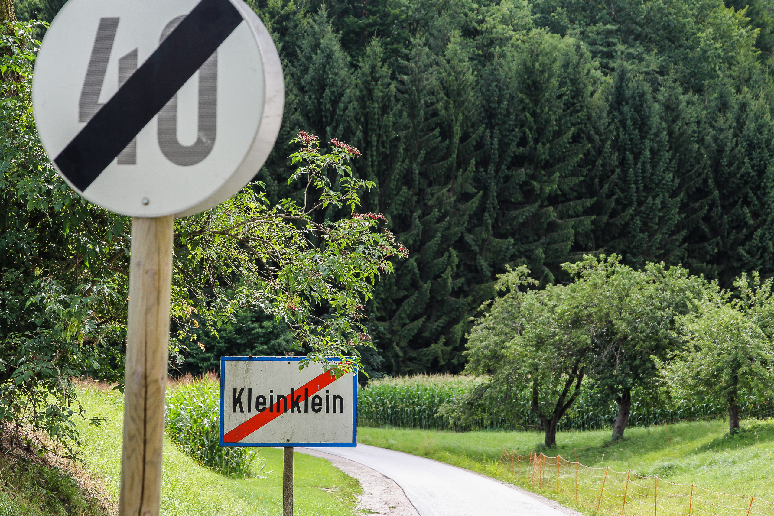 Ortsende Kleinklein – die Straße biegt am Maisfeld in den Wald